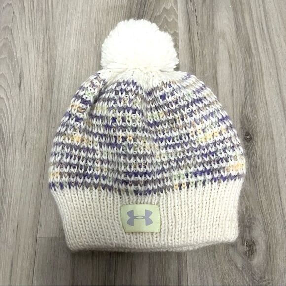 Under Armour Hat Girls Youth OS White and Purple Marled Knit Beanie with Puff - Picture 1 of 5